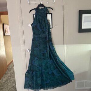 Betsy Adam High Neck Teal Gown